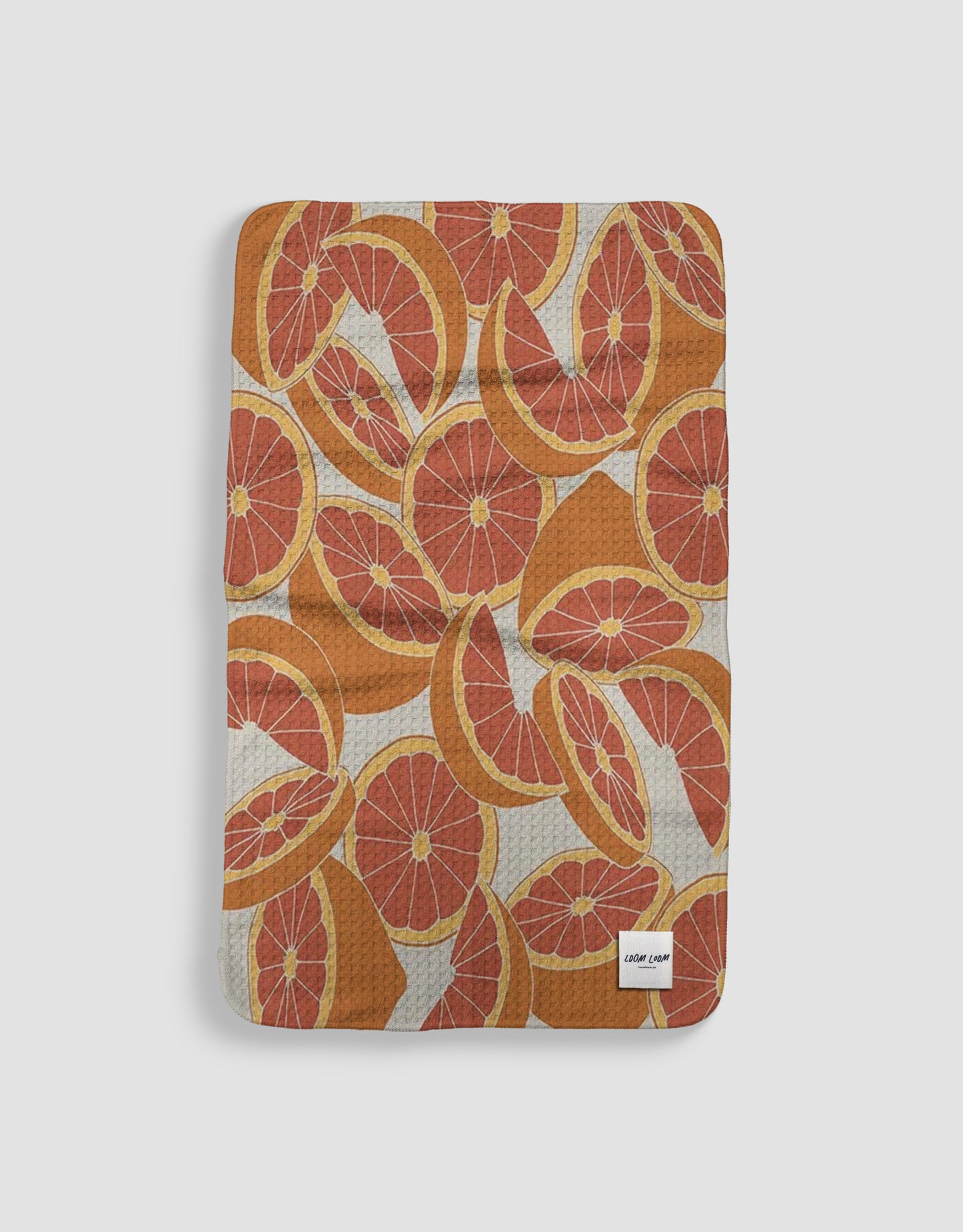 Loom Loom Kitchen Tea Towel - Orange Red Grapefruit Fruit Pattern Print Eco Microfiber Waffle Woven Towels