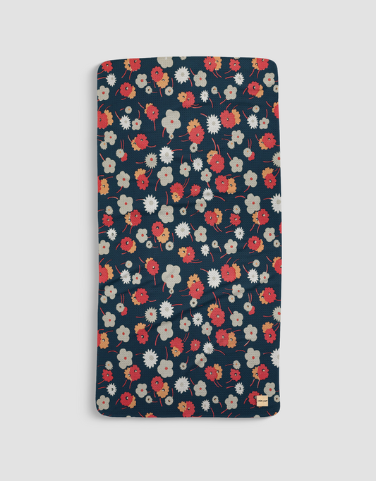 Loom Loom Bath Beach Towel - Navy Blue White Red Flowers Floral Pattern Print Eco Microfiber Waffle Woven Towels