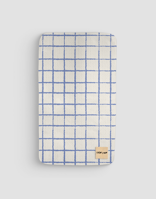 Loom Loom Bath Hand Towel - Blue White Crayon Drawn Grid Pattern Print Eco Microfiber Waffle Woven Towels