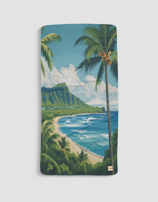 Loom Loom Bath Beach Towel - Blue Sky Green Tropical Landscape Illustration Pattern Print Eco Microfiber Waffle Woven Towels