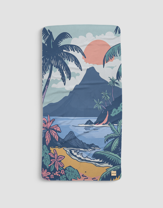 Loom Loom Bath Beach Towel - Blue Pink Tropical Landscape Illustration Pattern Print Eco Microfiber Waffle Woven Towels