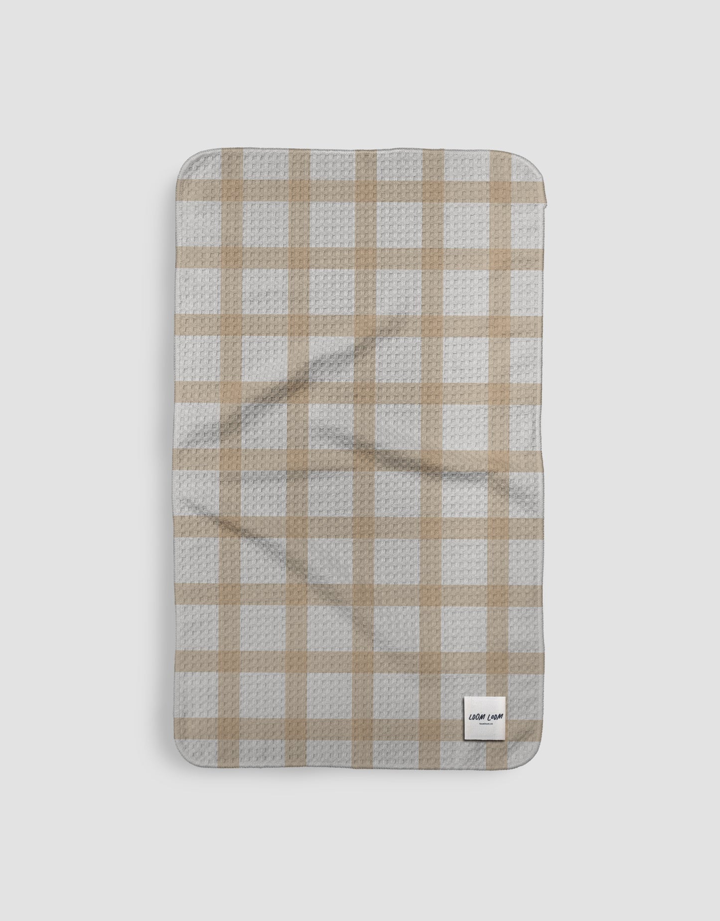 Loom Loom Kitchen Tea Towel - Tan Sand Brown White Gingham Plaid Pattern Eco Microfiber Waffle Woven Towels