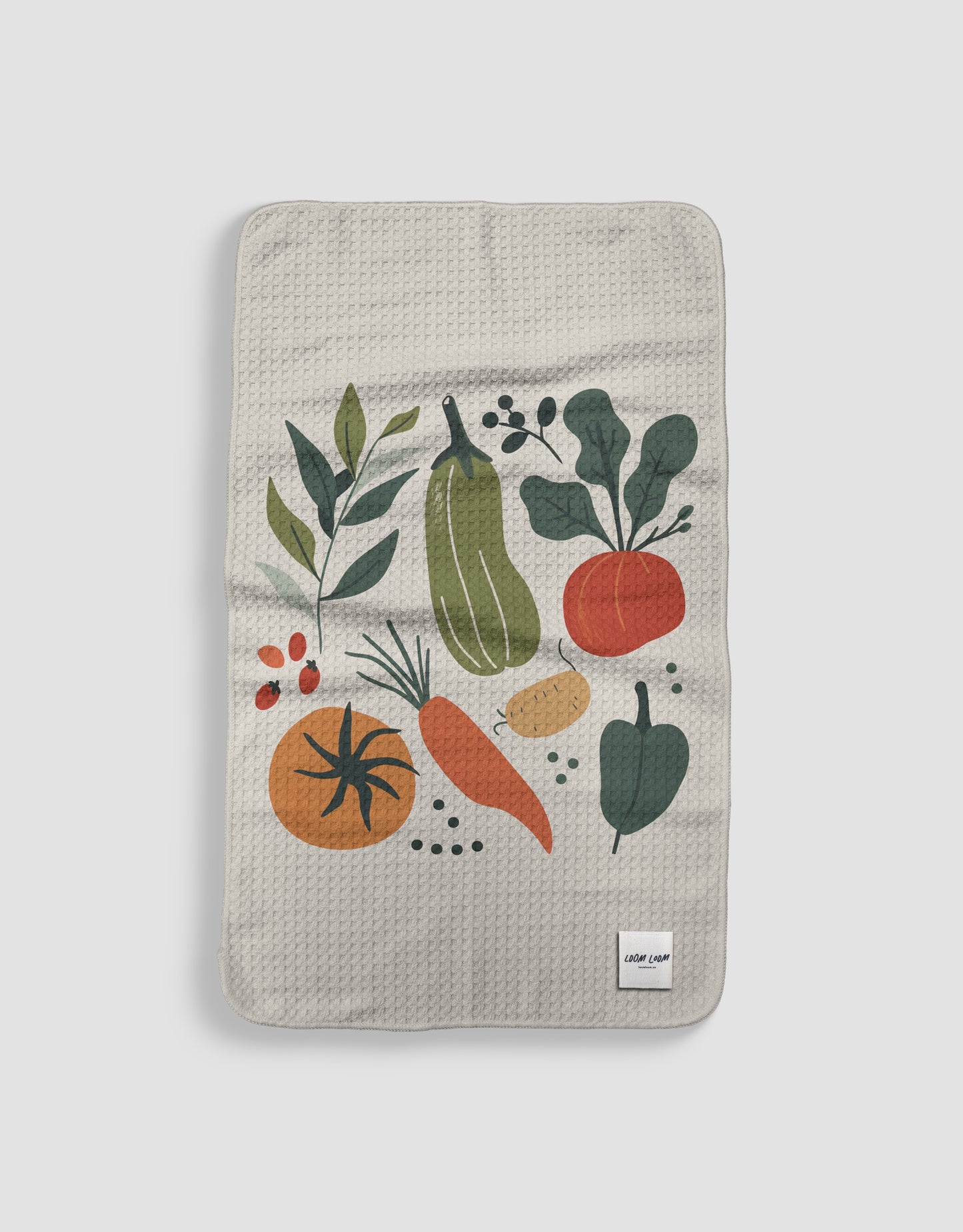 Loom Loom Kitchen Tea Towel - Tan White Hand Drawn Vegetables Design Pattern Eco Microfiber Waffle Woven Towels