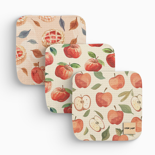 Loom Loom Kitchen Dishcloths Set of 3 - Tan Red Apples Pie Pattern Eco Microfiber Waffle Towels