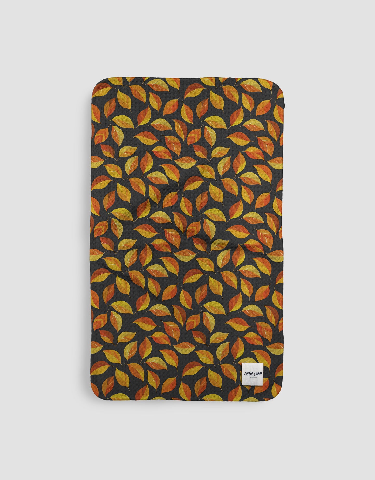 Loom Loom Kitchen Tea Towel - Black Orange Falling Leaves Autumn Halloween Print Eco Microfiber Waffle Woven Towel