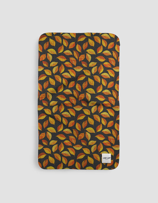 Loom Loom Kitchen Tea Towel - Black Yellow Orange Falling Autumn Leaves Repeating Pattern Eco Microfiber Waffle Woven Towels