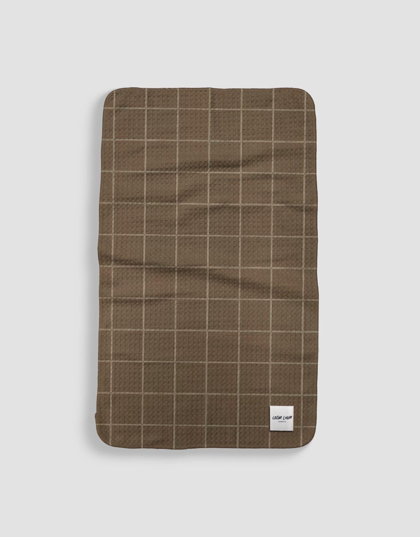 Loom Loom Kitchen Tea Towel - Brown Tan Grid Line Pattern Print Eco Microfiber Waffle Woven Towels