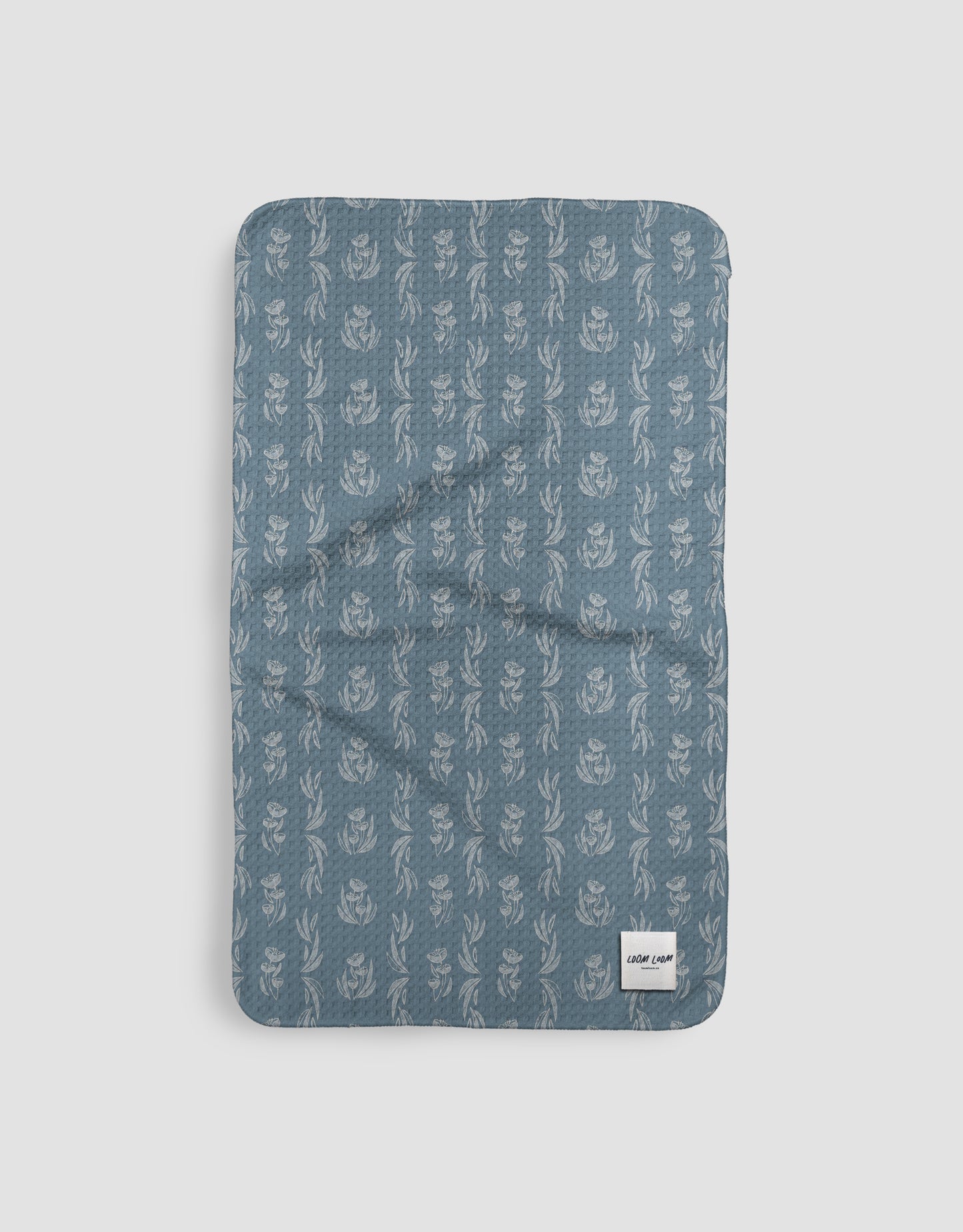 Loom Loom Kitchen Tea Towel - Dusty Blue Flower Stamp Striped Pattern Print Eco Microfiber Waffle Woven Towel