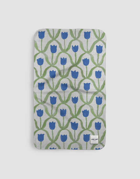 Loom Loom Kitchen Tea Towel - Watercolor Blue Tulips Diamond Pattern Print Eco Microfiber Waffle Woven Towel