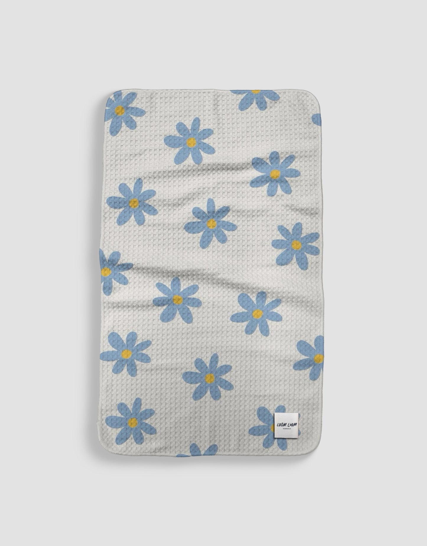 Loom Loom Kitchen Tea Towel - Light Blue Cute Flower Pattern Print Eco Microfiber Waffle Woven Towel