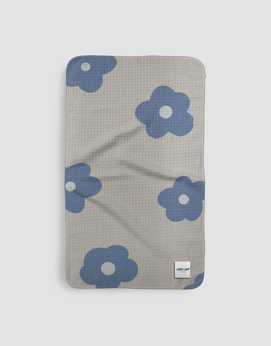 Loom Loom Kitchen Tea Towel - Cute Blue Flowers Print Eco Microfiber Waffle Woven Towel