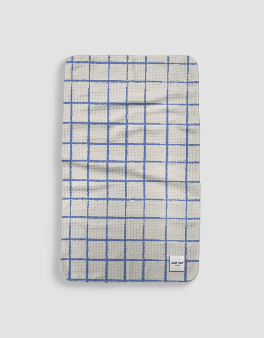 Loom Loom Kitchen Tea Towel - Blue White Crayon Grid Pattern Print Eco Microfiber Waffle Woven Towels