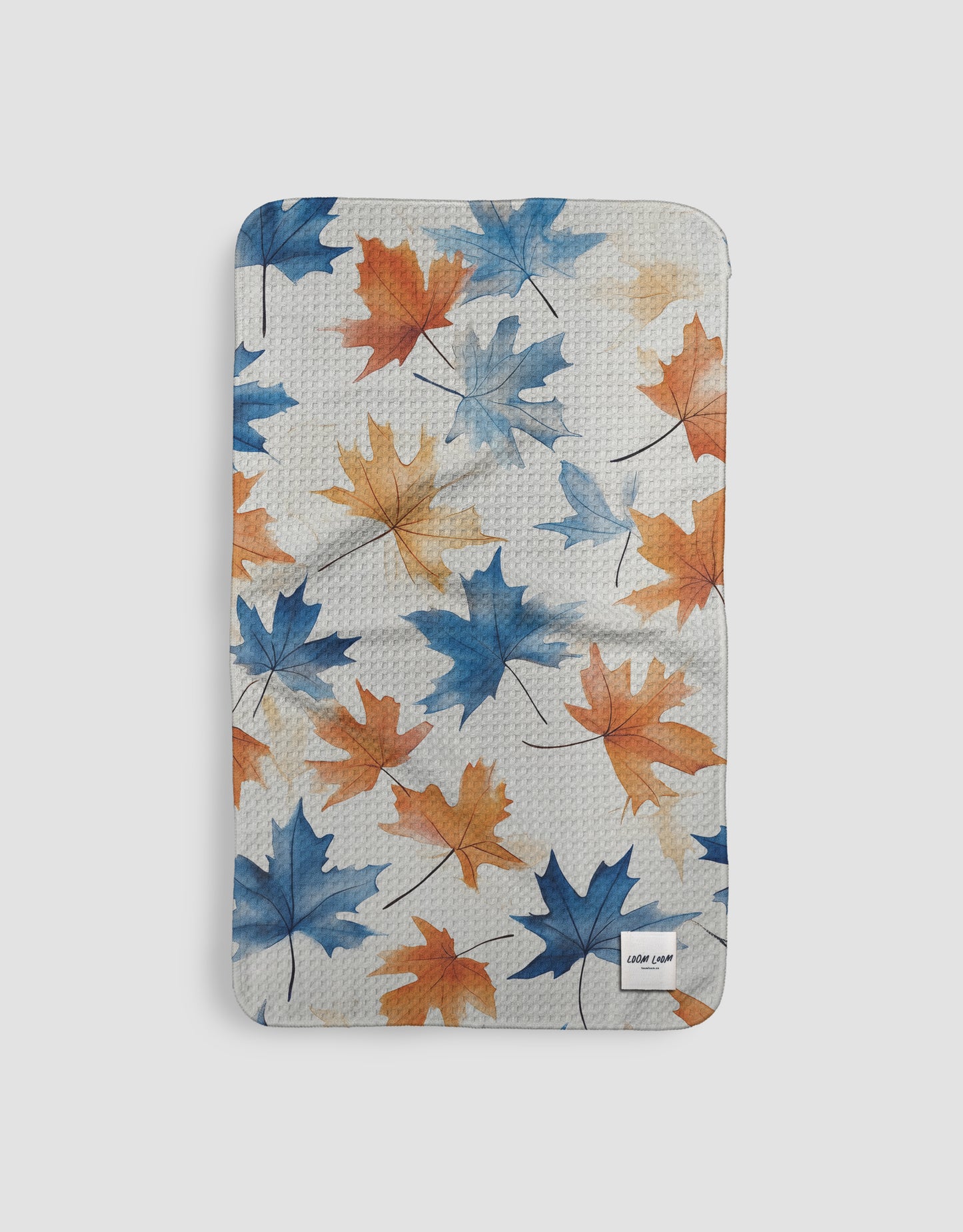 Loom Loom Kitchen Tea Towel - Blue Orange White Autumn Leaves Watercolor Print Eco Microfiber Waffle Woven Towel