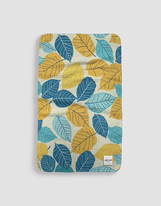 Loom Loom Kitchen Tea Towel - Blue Yellow Orange Hand Drawn Fall Leaves Print Eco Microfiber Waffle Woven Towel