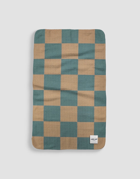 Loom Loom Kitchen Tea Towel - Teal Tan Checkerboard Pattern Print Eco Microfiber Waffle Woven Towels