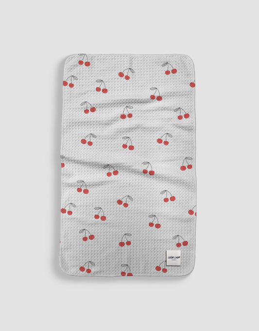 Loom Loom Kitchen Tea Towel - White Red Cherry Pairs Pattern Print Eco Microfiber Waffle Woven Towels