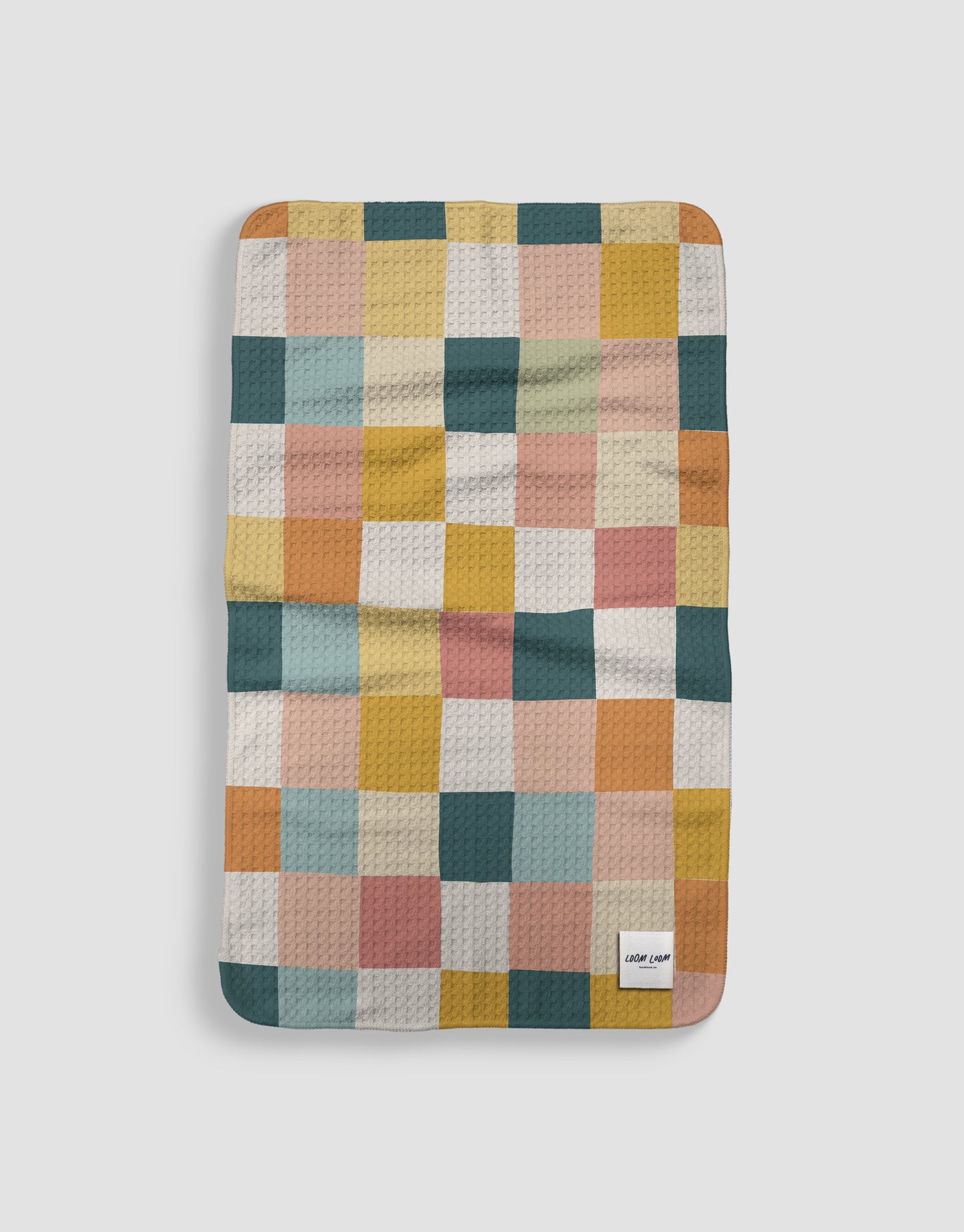 Loom Loom Kitchen Tea Towel - Pastel Quilt Block Grid Pattern Print Eco Microfiber Waffle Woven Towels