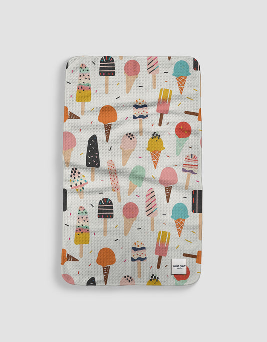 Loom Loom Kitchen Tea Towel - Ice Cream Cones Summer Treats Pattern Print Eco Microfiber Waffle Woven Towels