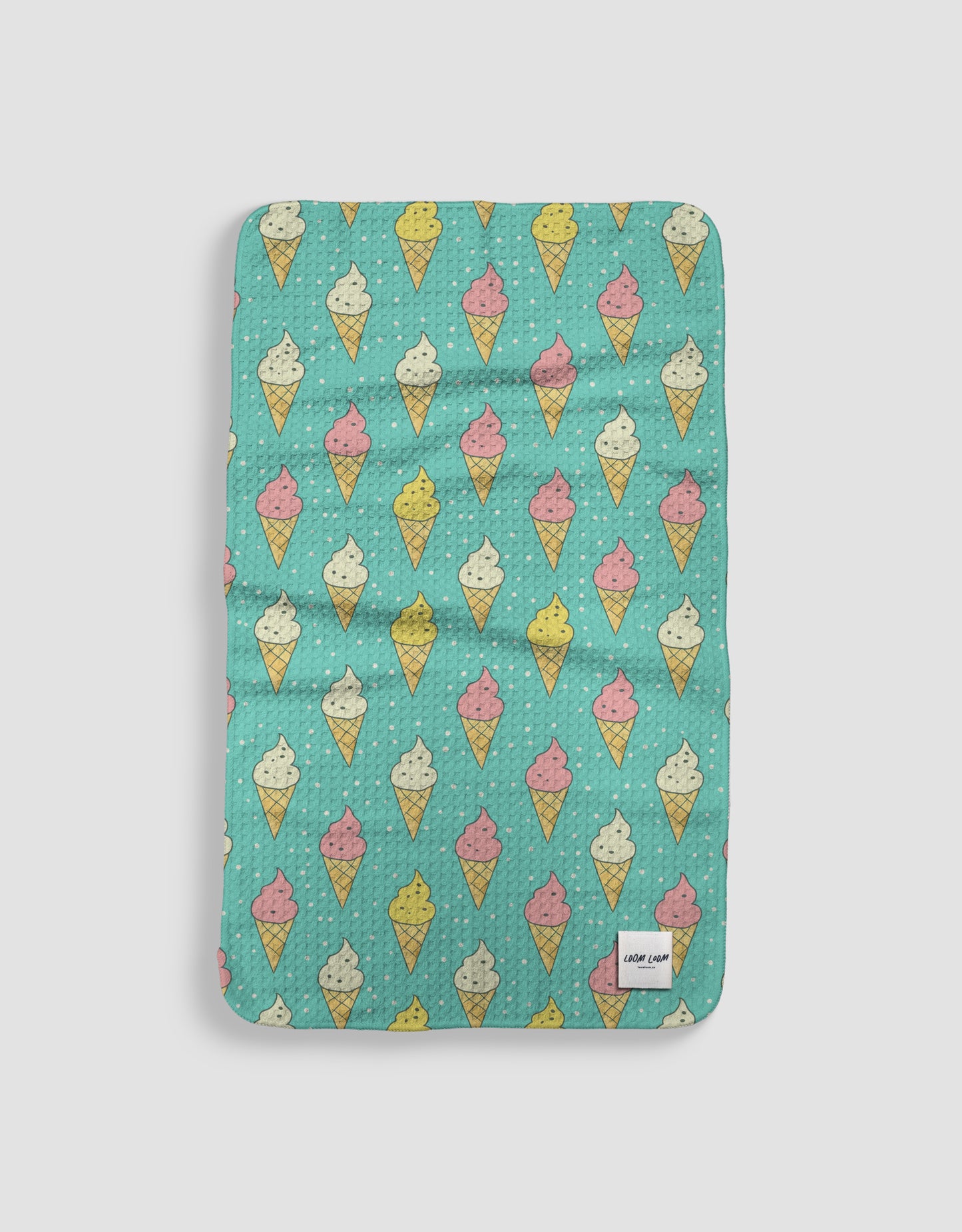 Loom Loom Kitchen Tea Towel - Green Soft Serve Ice Cream Pattern Print Eco Microfiber Waffle Woven Towels