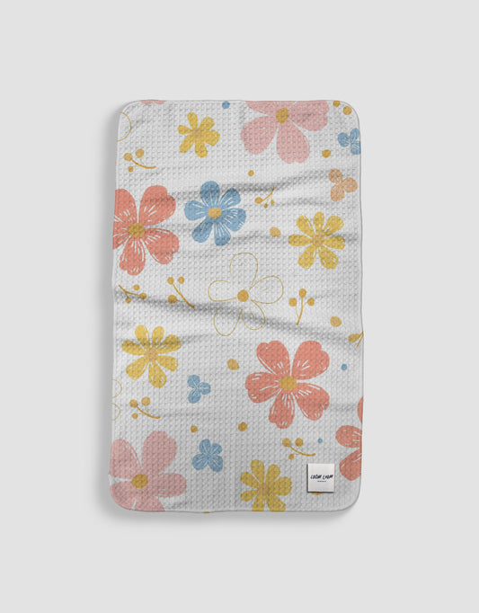 Loom Loom Kitchen Tea Towel - White Pink Blue Yellow Cute Flower Illustration Pattern Print Eco Microfiber Waffle Woven Towels