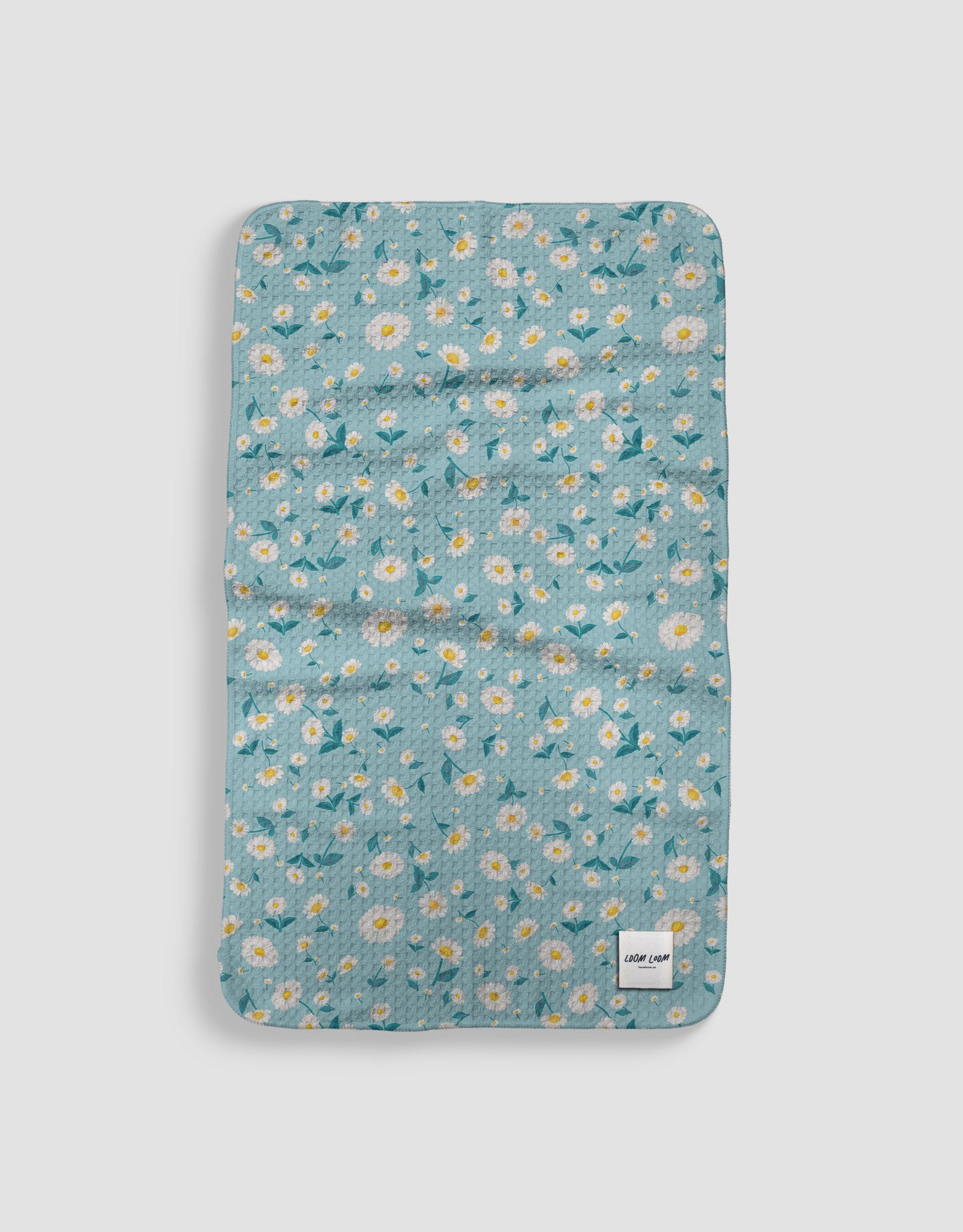 Loom Loom Kitchen Tea Towel - Light Blue White Yellow Daisy Floral Flowers Pattern Print Eco Microfiber Waffle Woven Towels