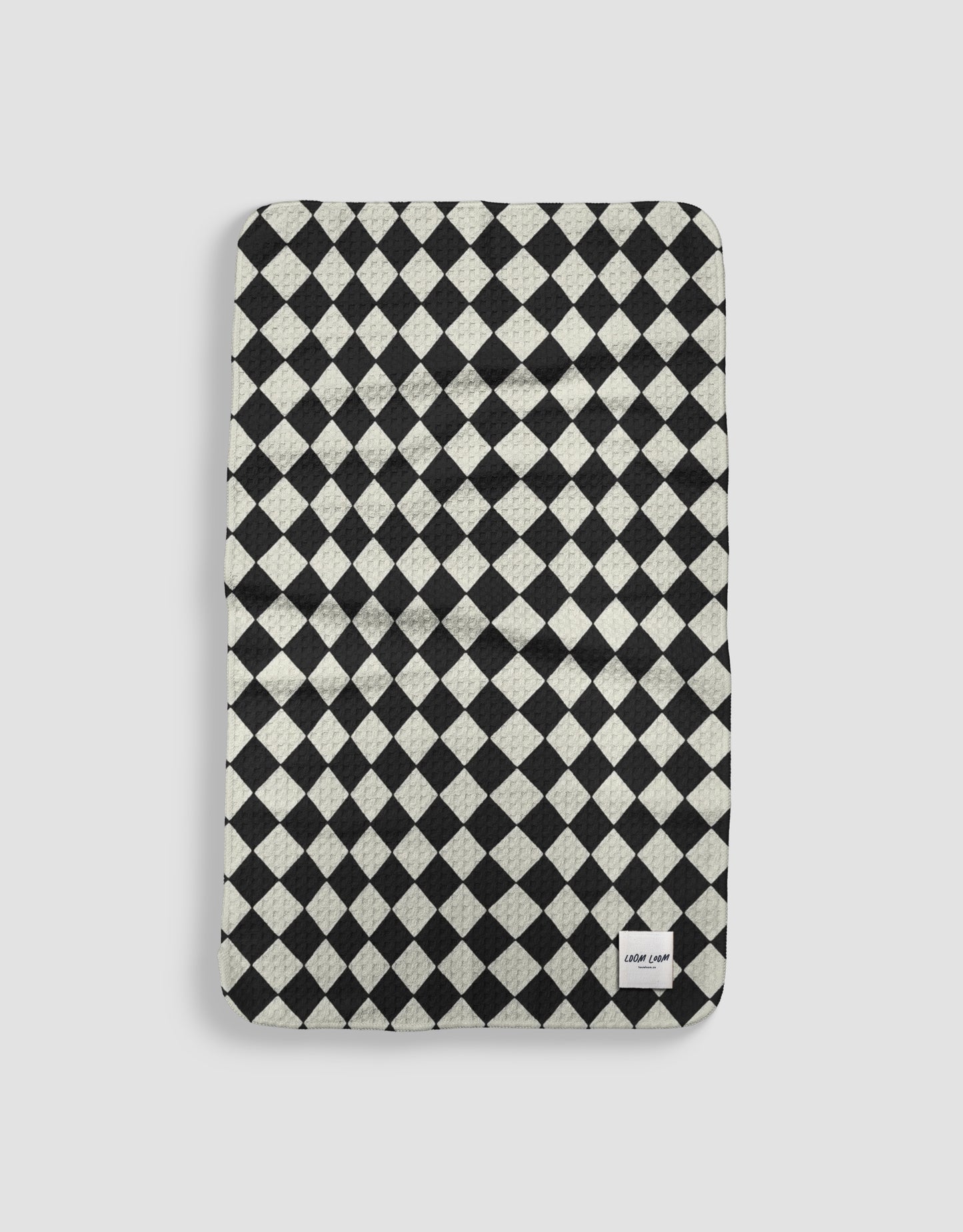 Loom Loom Kitchen Tea Towel - Black White Diamond Checkerboard Pattern Print Eco Microfiber Waffle Woven Towel