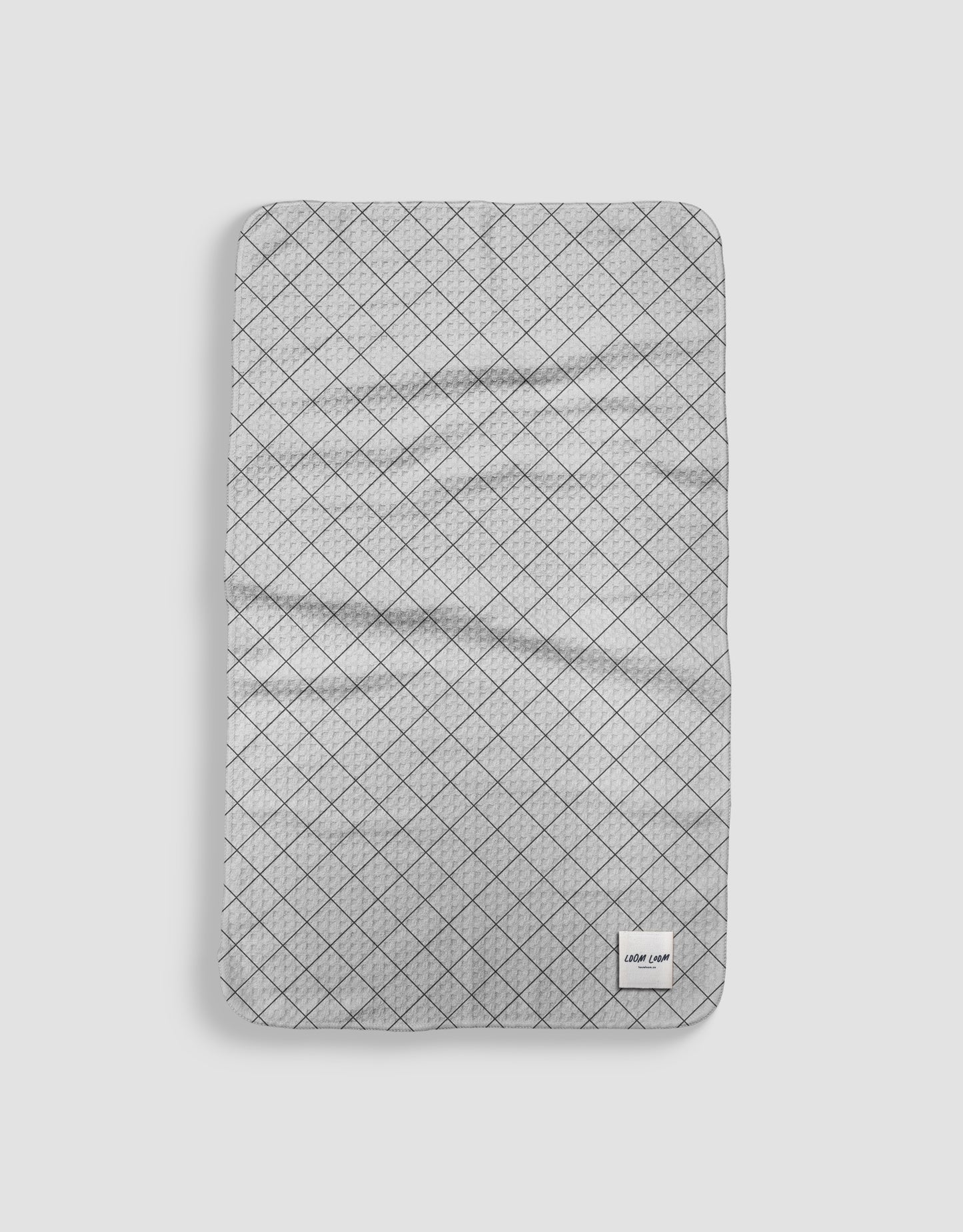 Loom Loom Kitchen Tea Towel - Black White Diagonal Grid Graph Block Pattern Print Eco Microfiber Waffle Woven Towels