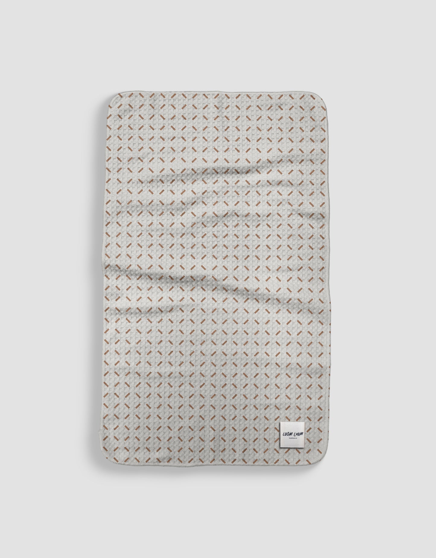 Loom Loom Kitchen Tea Towel - Tan Taupe White Dash Diamonds Grid Pattern Print Eco Microfiber Waffle Woven Towels