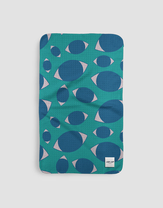 Loom Loom Kitchen Tea Towel - Green Blue Eyes Repeating Pattern Print Eco Microfiber Waffle Woven Towels