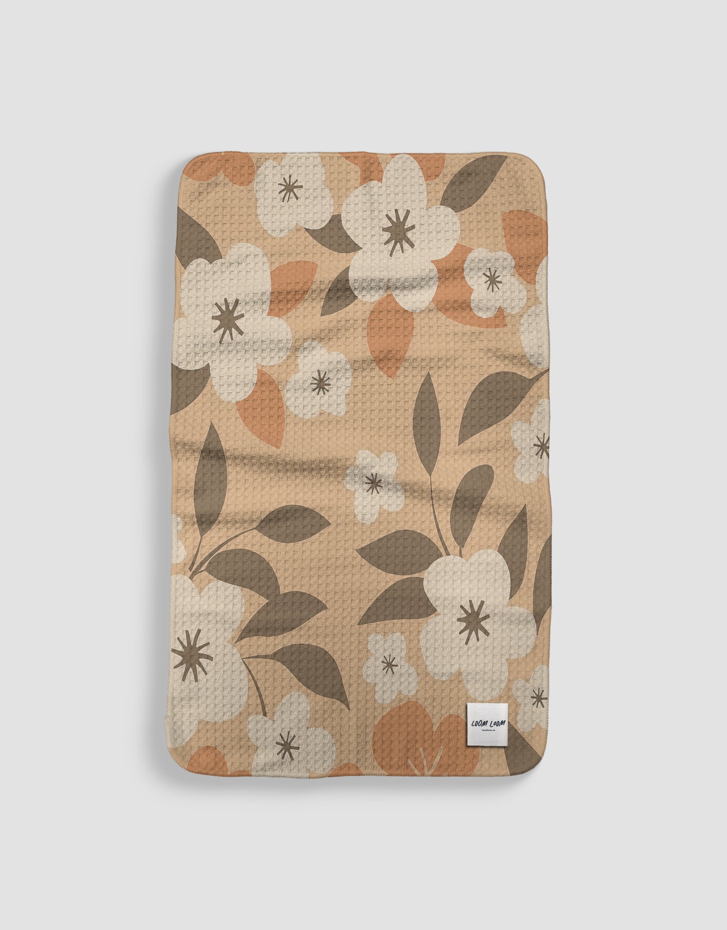 Loom Loom Kitchen Tea Towel - Tan Orange Cute Flower Floral Pattern Print Eco Microfiber Waffle Woven Towel