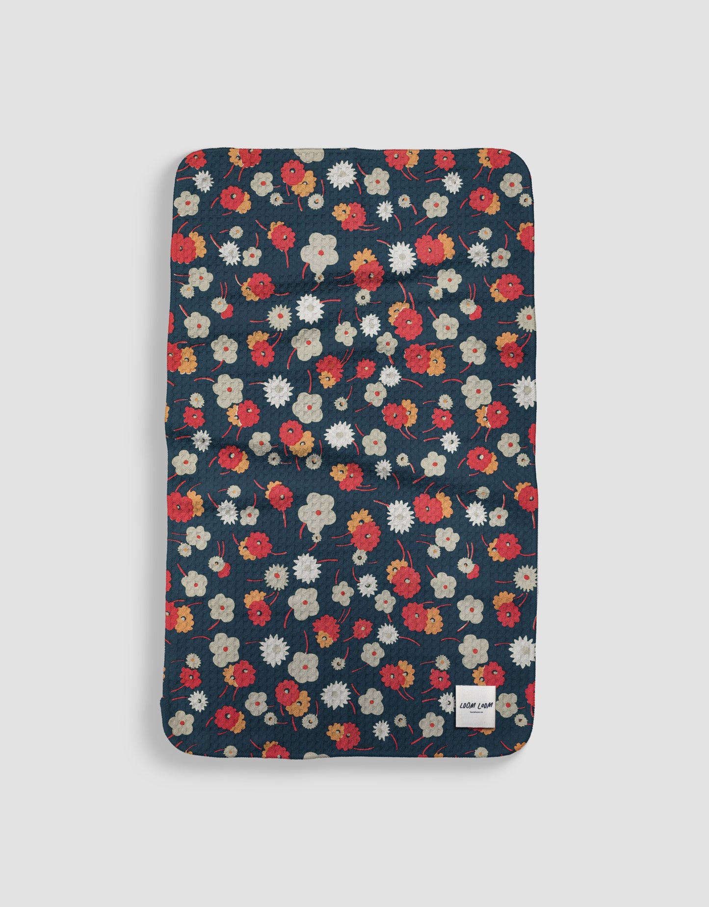 Loom Loom Kitchen Tea Towel - Navy Blue White Red Little Flowers Floral Pattern Print Eco Microfiber Waffle Woven Towels