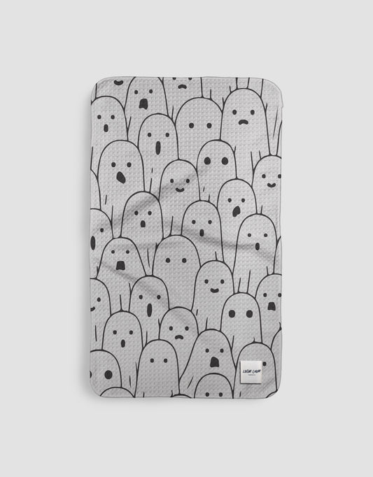 Loom Loom Kitchen Tea Towel - White Black Ghost Crowd Halloween Pattern Print Eco Microfiber Waffle Woven Towel