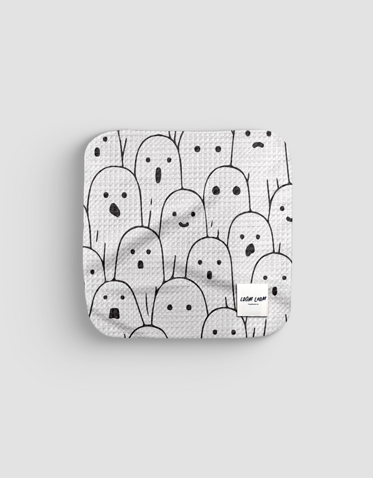 Loom Loom Kitchen Dishcloth Towel - White Black Ghost Crowd Halloween Pattern Print Eco Microfiber Waffle Woven Dish Towel