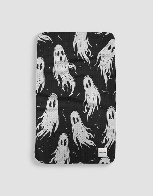 Loom Loom Kitchen Tea Towel - Black White Scary Ghosts Halloween Pattern Print Eco Microfiber Waffle Woven Towel