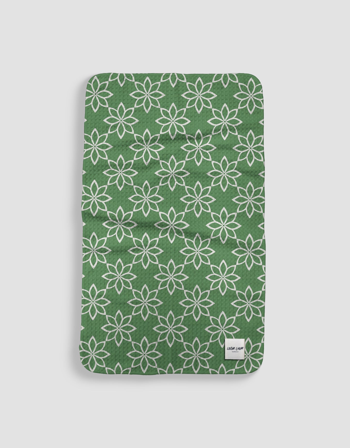 Loom Loom Kitchen Tea Towel - Green White Geometric Flowers Pattern Print Eco Microfiber Waffle Woven Towels