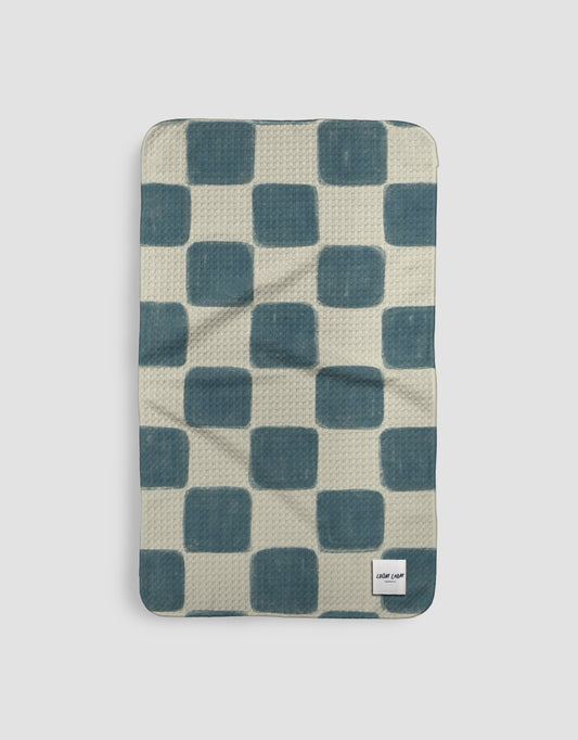 Loom Loom Kitchen Tea Towel - Navy Blue Hand Drawn Checkerboard Pattern Print Eco Microfiber Waffle Woven Towel