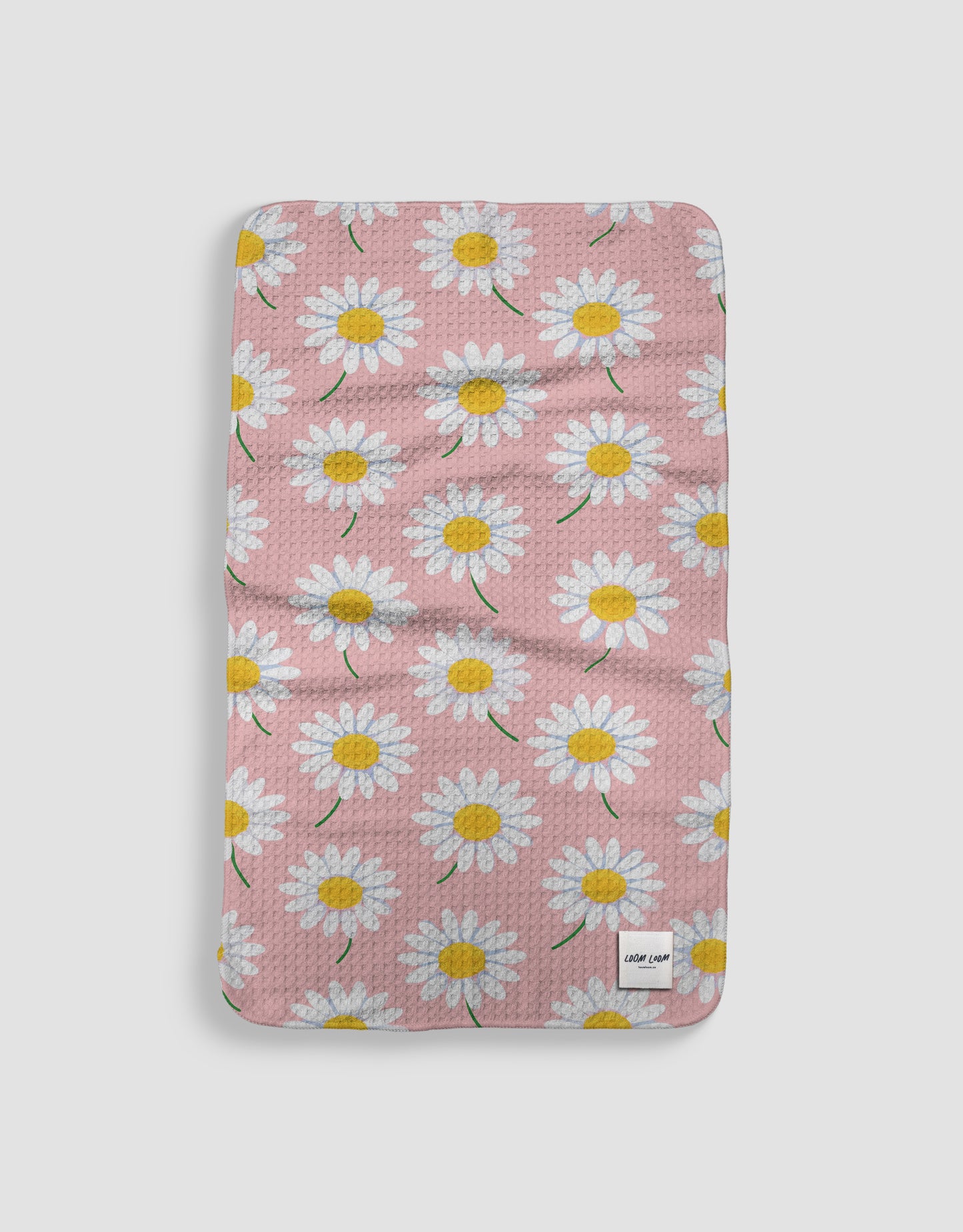 Loom Loom Kitchen Tea Towel - Pink White Yellow Daisies Repeating Pattern Print Eco Microfiber Waffle Woven Towels