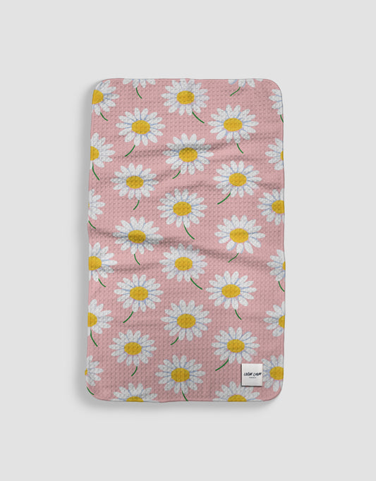 Loom Loom Kitchen Tea Towel - Pink White Yellow Daisies Repeating Pattern Print Eco Microfiber Waffle Woven Towels