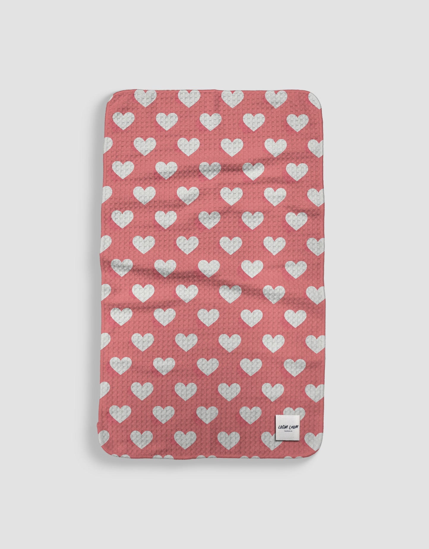 Loom Loom Kitchen Tea Towel - Pink White Hearts Repeating Pattern Print Eco Microfiber Waffle Woven Towels