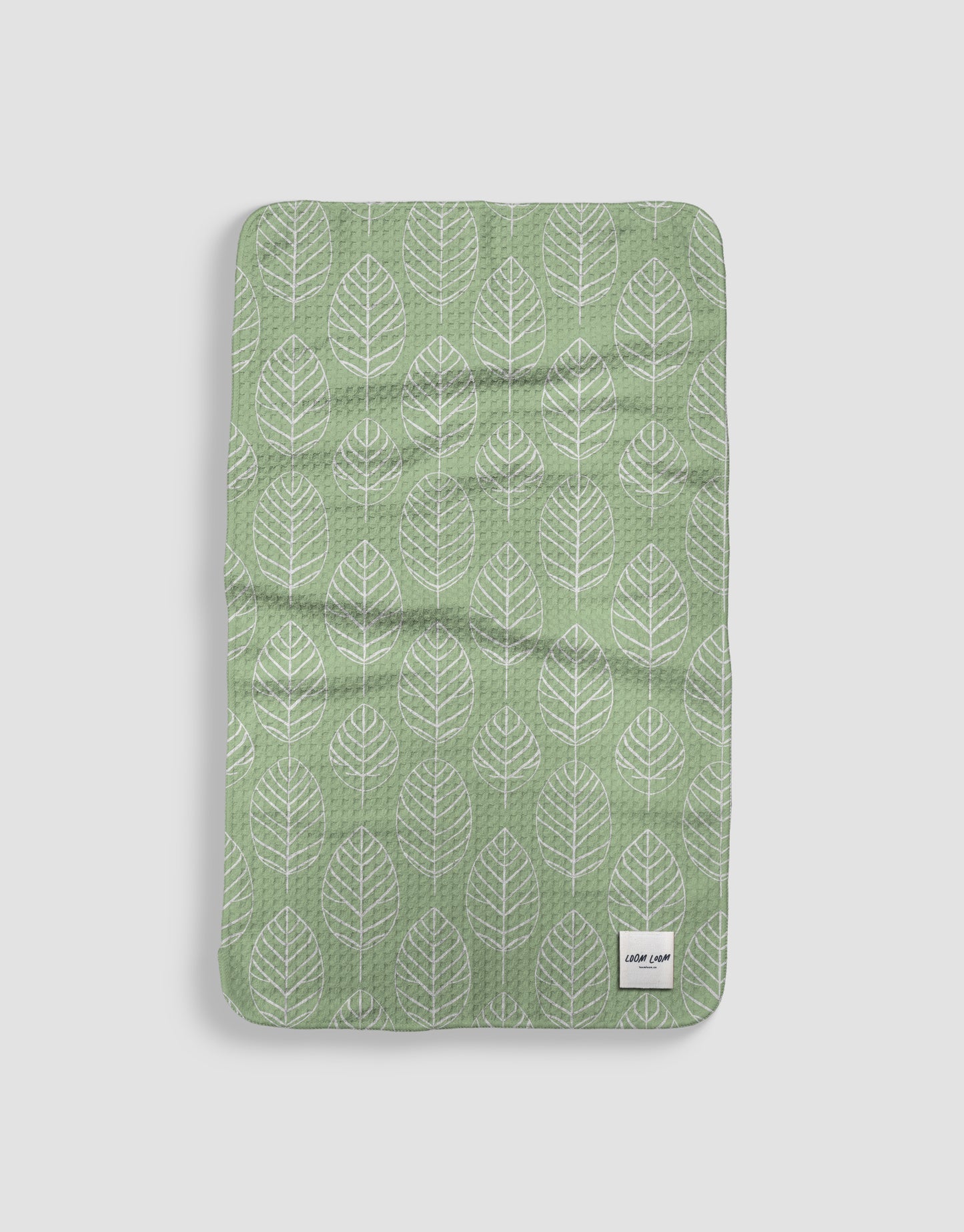 Loom Loom Kitchen Tea Towel - Green Leaf Traces Pattern Print Eco Microfiber Waffle Woven Towels