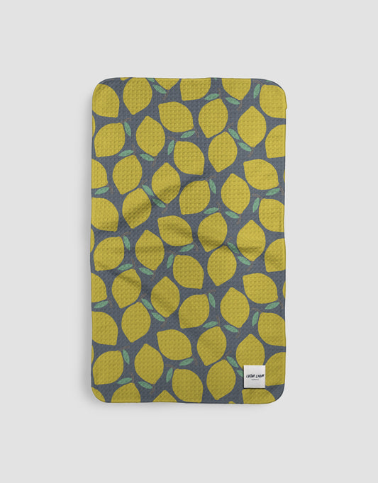 Loom Loom Kitchen Tea Towel - Yellow Lemons Citrus Pattern Print Eco Microfiber Waffle Woven Towels