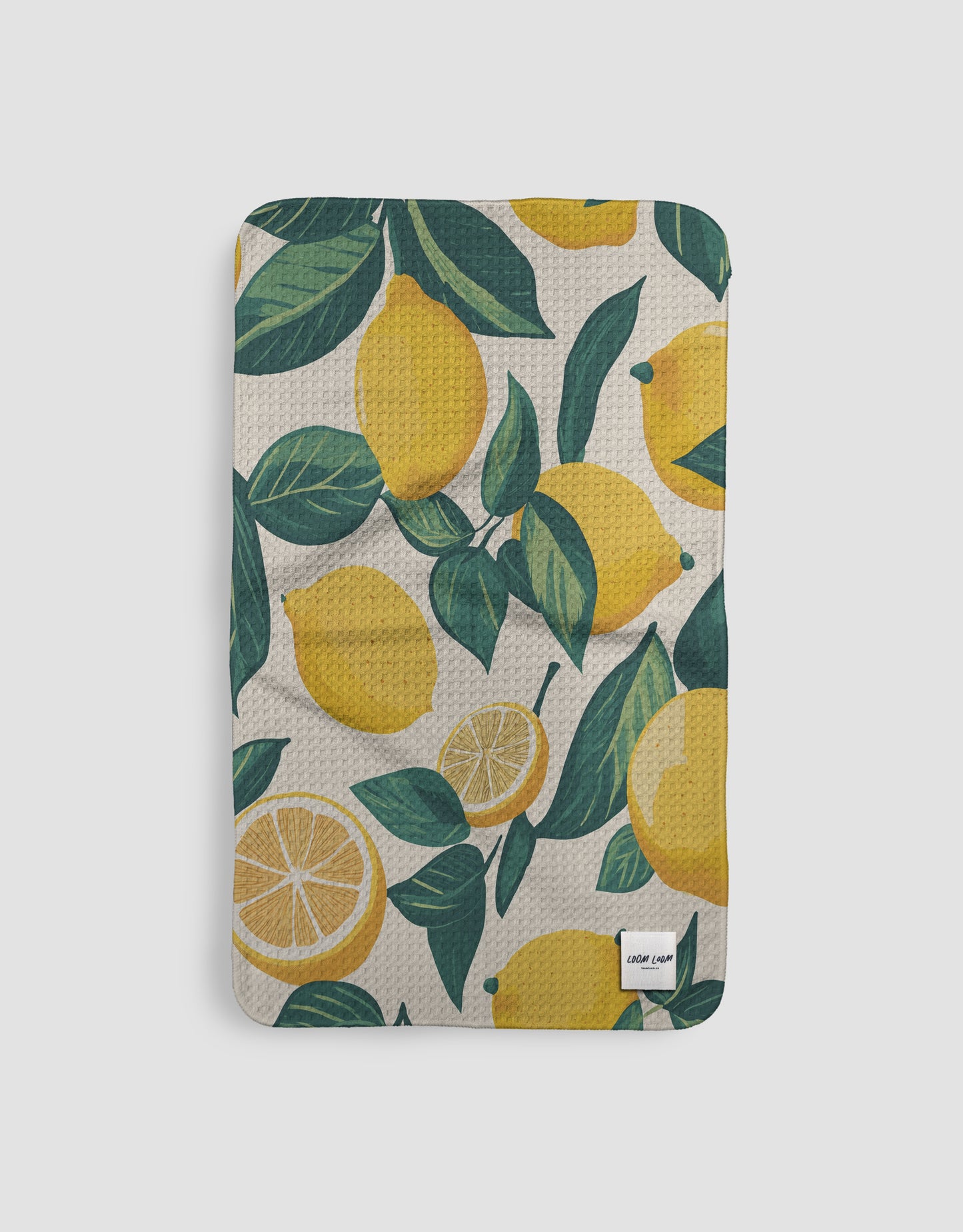 Loom Loom Kitchen Tea Towel - Yellow Green Lemon Tree Print Eco Microfiber Waffle Woven Towel