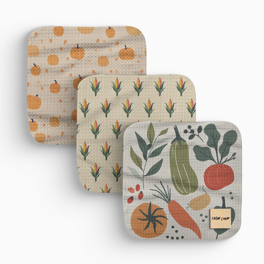 Loom Loom Kitchen Dishcloths Set of 3 - Pumpkin Corn Vegetable Patterns Tan Pattern Microfiber Waffle Towels