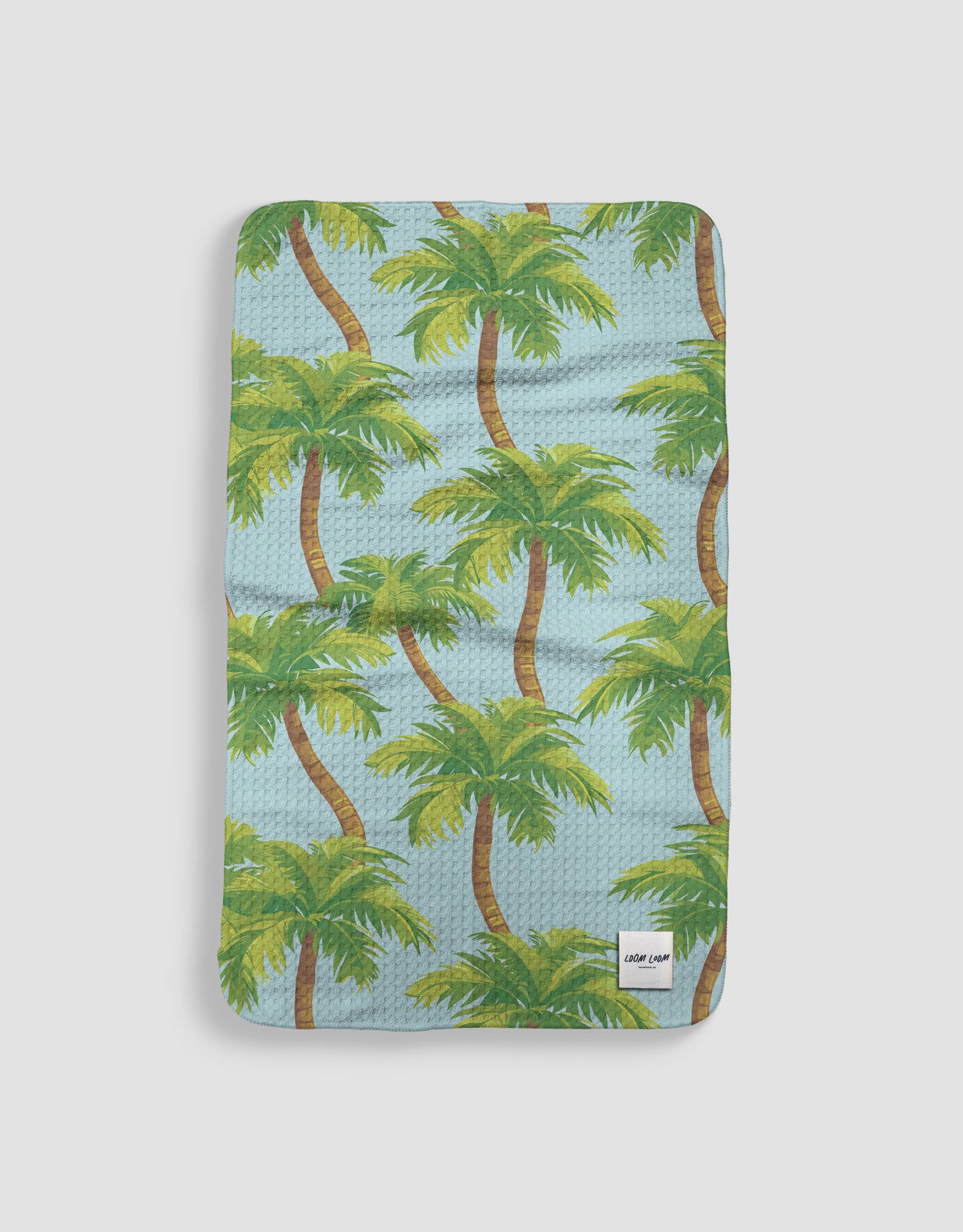 Loom Loom Kitchen Tea Towel - Light Blue Green Swaying Palm Trees Pattern Print Eco Microfiber Waffle Woven Towels