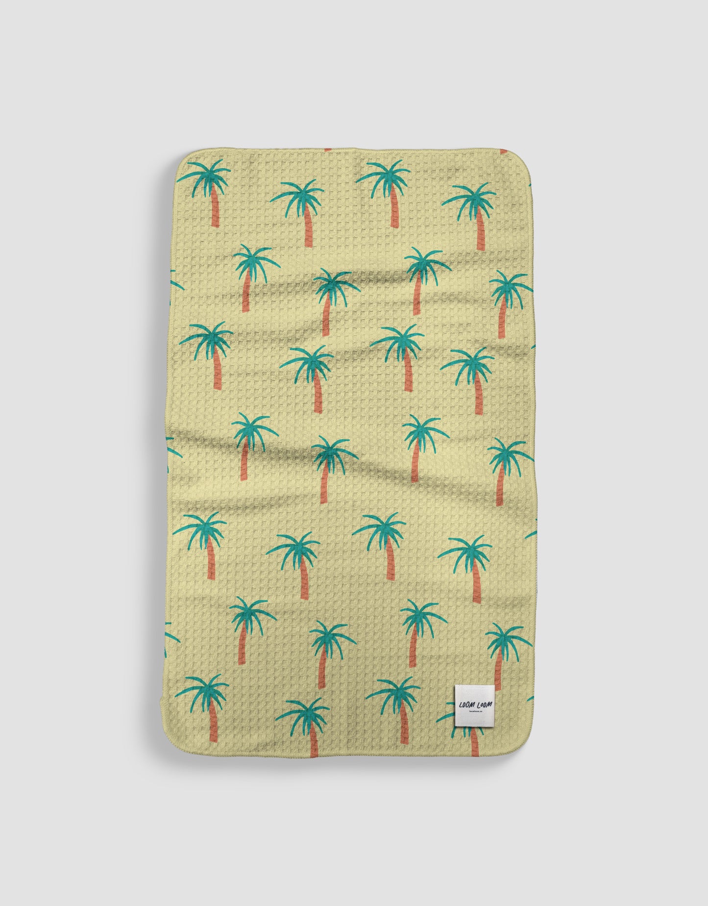 Loom Loom Kitchen Tea Towel - Yellow Green Palm Trees Repeating Pattern Print Eco Microfiber Waffle Woven Towels