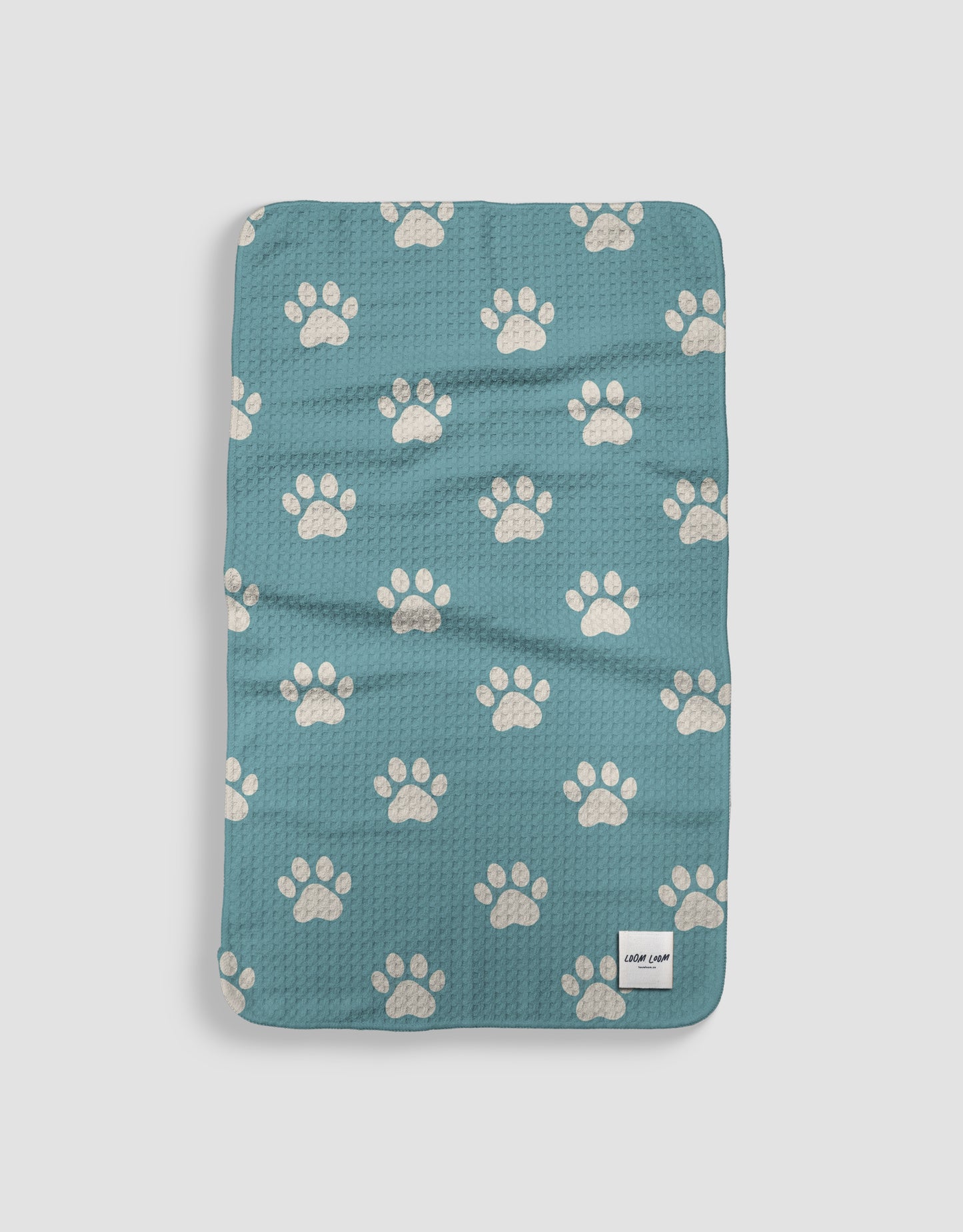 Loom Loom Kitchen Tea Towel - Blue White Dog Paws Pattern Print Eco Microfiber Waffle Woven Towels