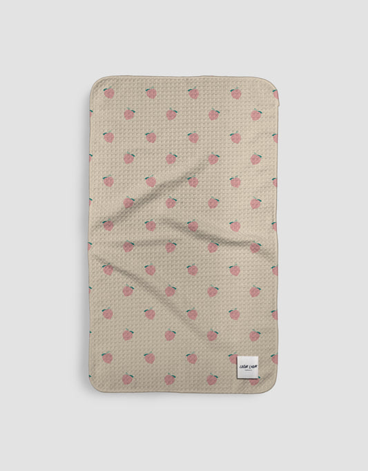 Loom Loom Kitchen Tea Towel - Little Peaches Fruit Repeating Pattern Print Eco Microfiber Waffle Woven Towels