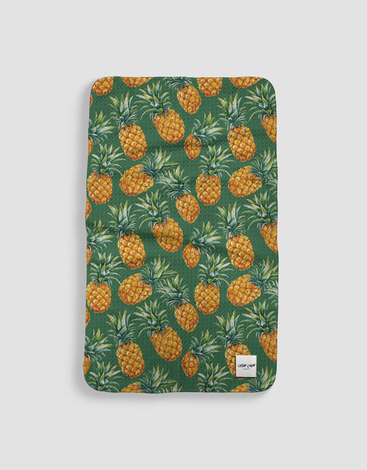 Loom Loom Kitchen Tea Towel - Green Yellow Pineapples Fruit Pattern Print Eco Microfiber Waffle Woven Towels