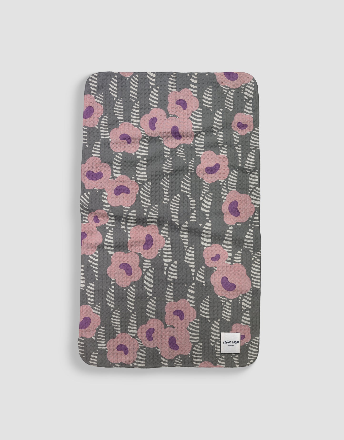 Loom Loom Kitchen Tea Towel - Grey Pink Painted Flowers Pattern Print Eco Microfiber Waffle Woven Towels