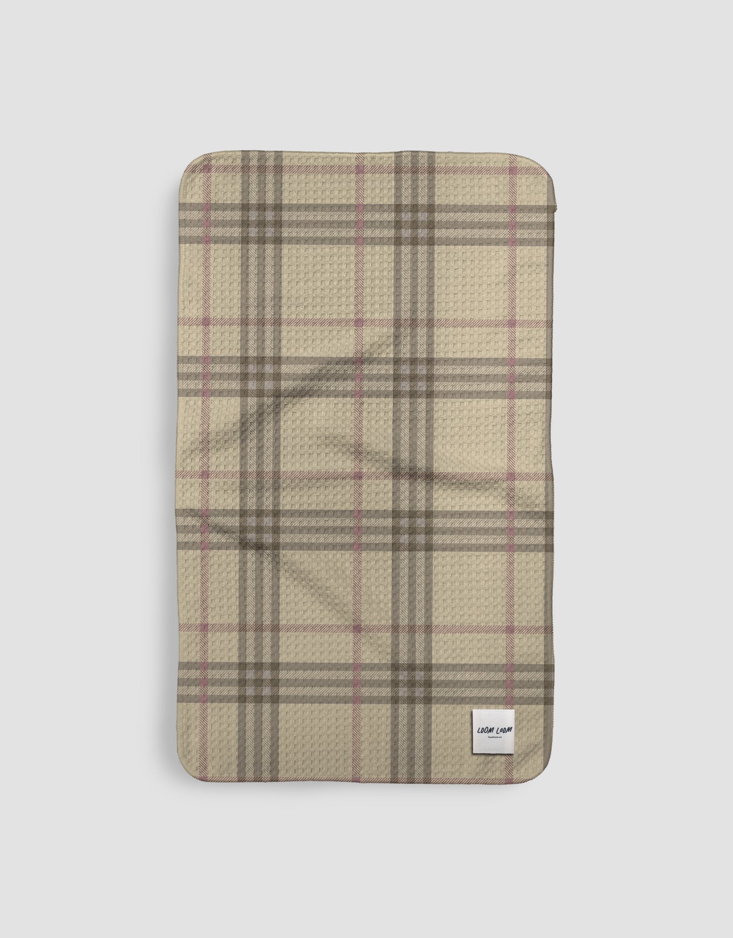 Loom Loom Kitchen Tea Towel - Tan Grey Natural Tones Plaid Pattern Eco Microfiber Waffle Woven Towels